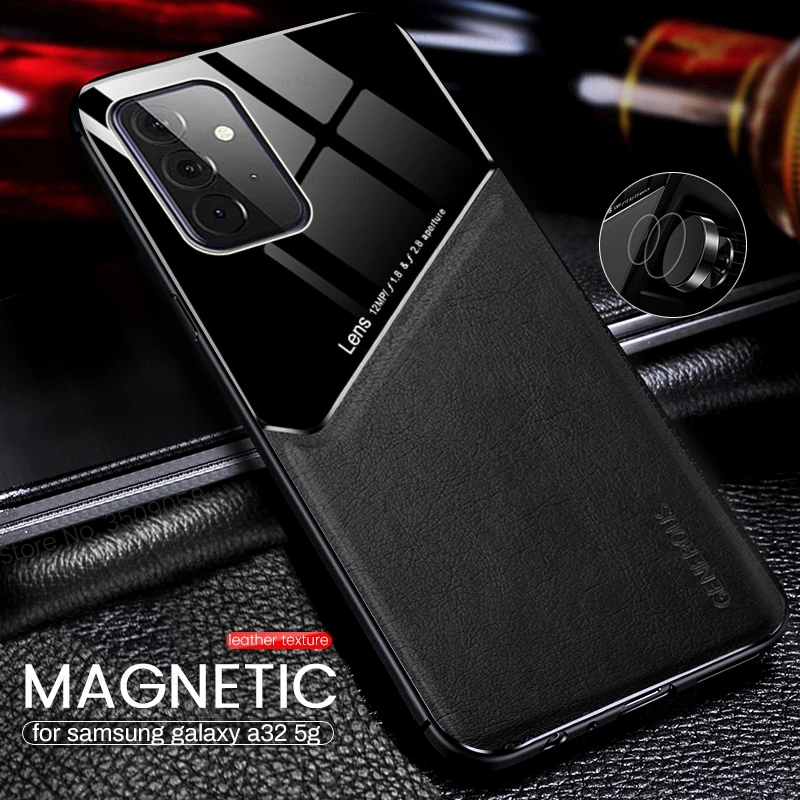 leather texure car magnetic holder phone casess case for samsung galaxy a32 5g sm-a326b/ds 6.5'' silicone frame shockproof coque