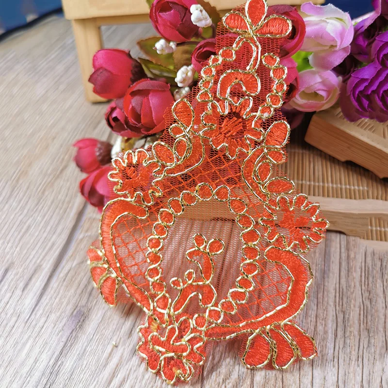 

30 шт., золотисто-красная кружевная аппликация, автомобильная кость, вышивка, цветочные нашивки, ручная работа, сделай сам, аппликация, свадебное платье, головные уборы, кружевная нашивка для невесты