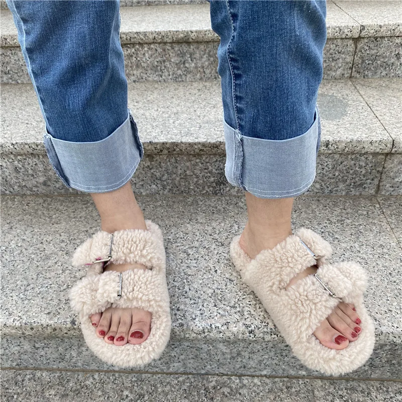 2023 New Women\'s Slippers  Fashion Fur Slippers High Quality Household Plush Slides Fluffy Warm Open-tode Women Shoes