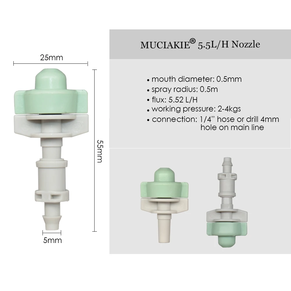 MUCIAKIE 20PCS 5.5LPH Single Misting Nozzle 1/4'' Barb Atomizing Fogger Garden Spray Water Irrigation Sprinkler Cooling Nozzle