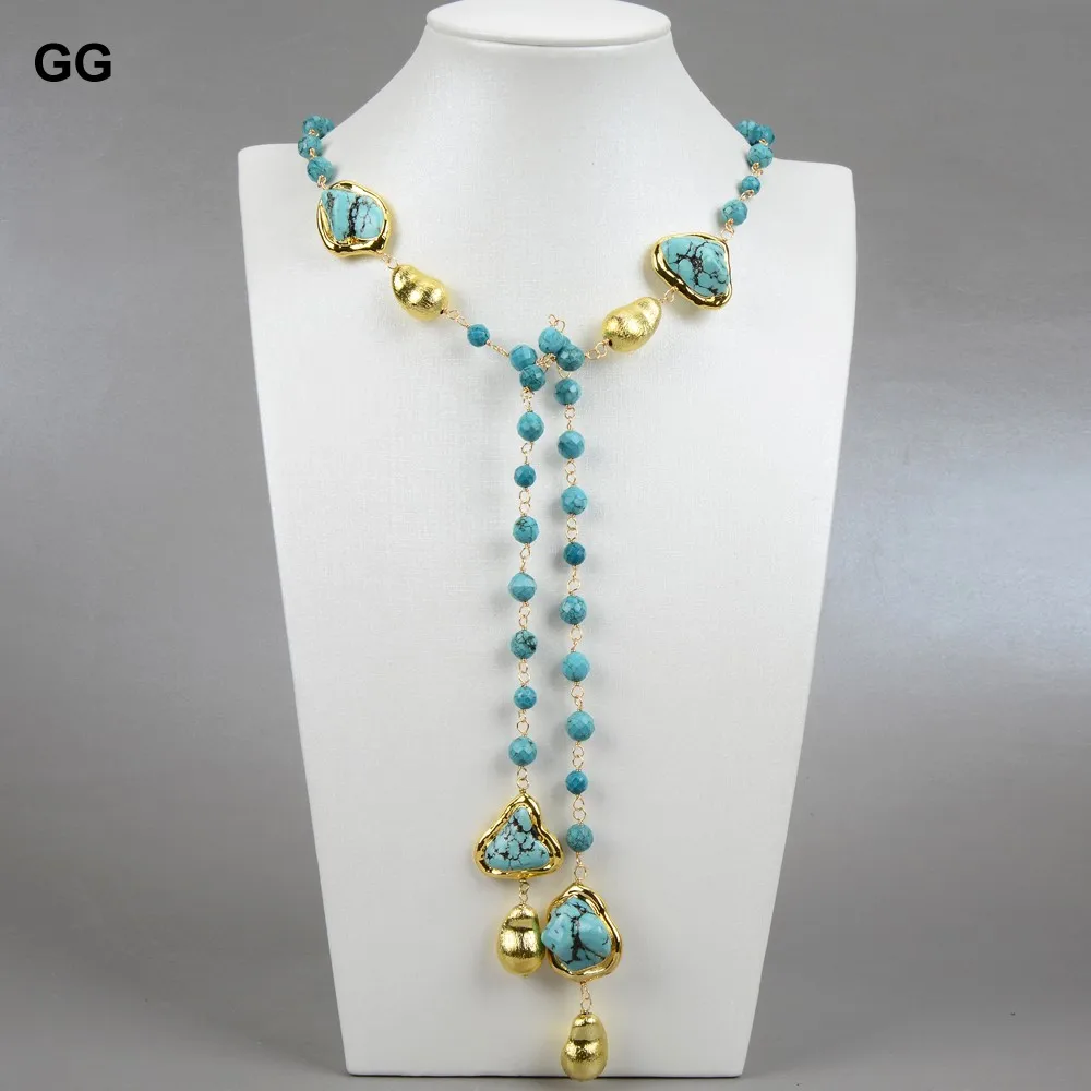 GuaiGuai Jewelry Green Turquoise Rosary Chain Necklace Long Loop Necklace 36