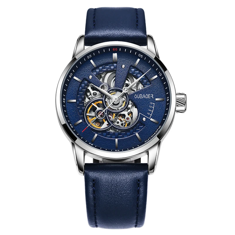 Imagem -06 - Oubaoer-relógio Automático Masculino Original para Homens Esqueleto Relógio de Pulso Mecânico Pulseira de Couro Azul Relógio Masculino