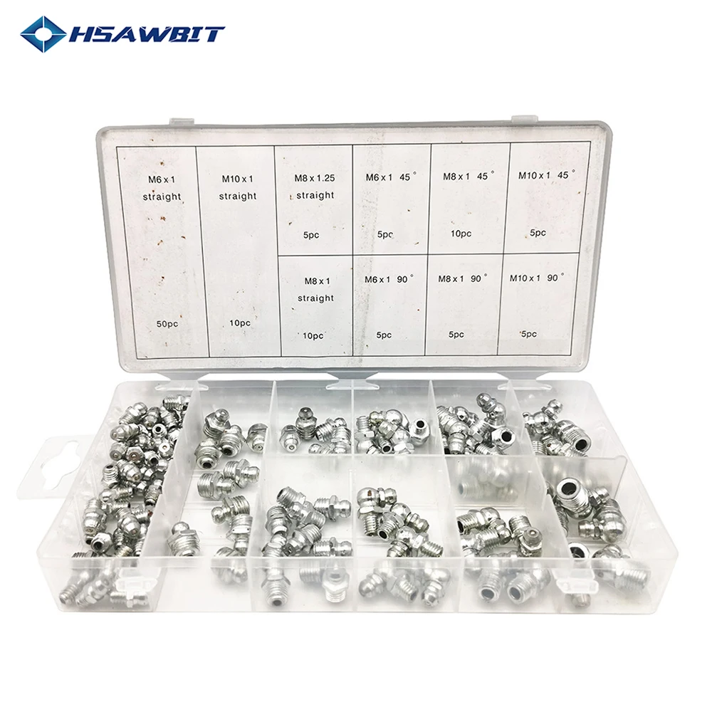 

110pcs/130PCS hydraulic Grease Nipples Metric Imperial M6/M8/M10 BSP UNF 45° 90° curve straight Metal Galvanized Assorted Box