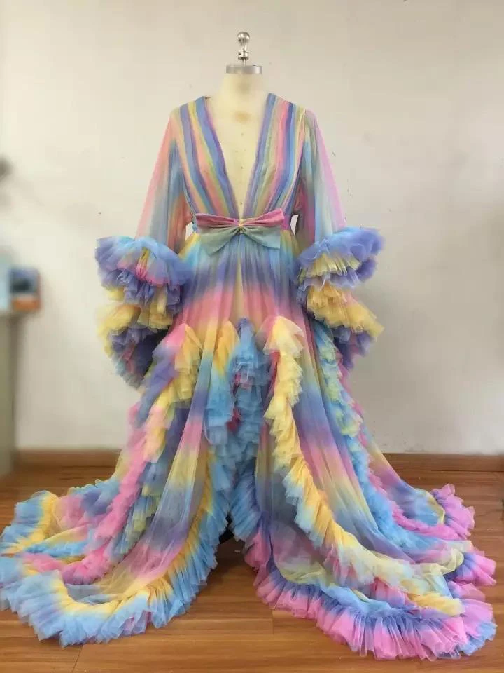 Colorful Rainbow Tulle Maternity Robes Sexy Sheer Ruffled Pleated Dresses Women Photo Shoot Custom Made Plus Size Nightdress