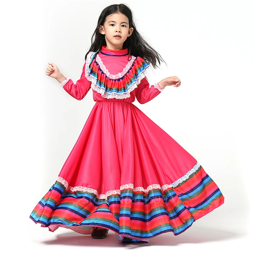 Dei Bambini del Vestito di Flamenco spagnolo Gypsy Costume di Ballo Per Bambini Sala Da Ballo di Danza Del Ventre 100-150CM Ragazza Eleganti scarpe Da Ballo Abiti Cosplay