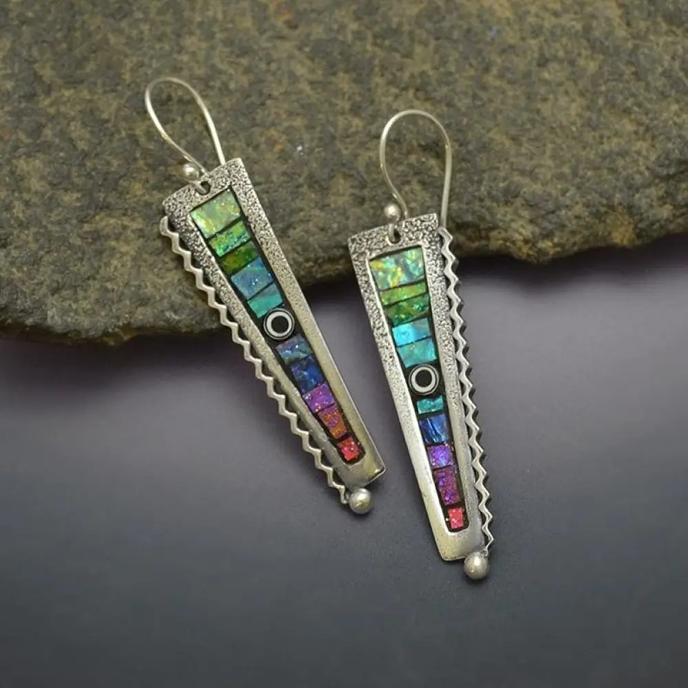 925 Silver Color Pendant Earrings For Women Iridescent Rainbow Polymer Clay Zigzag Drop Teen Girl Trend Personalized Ear Jewelry