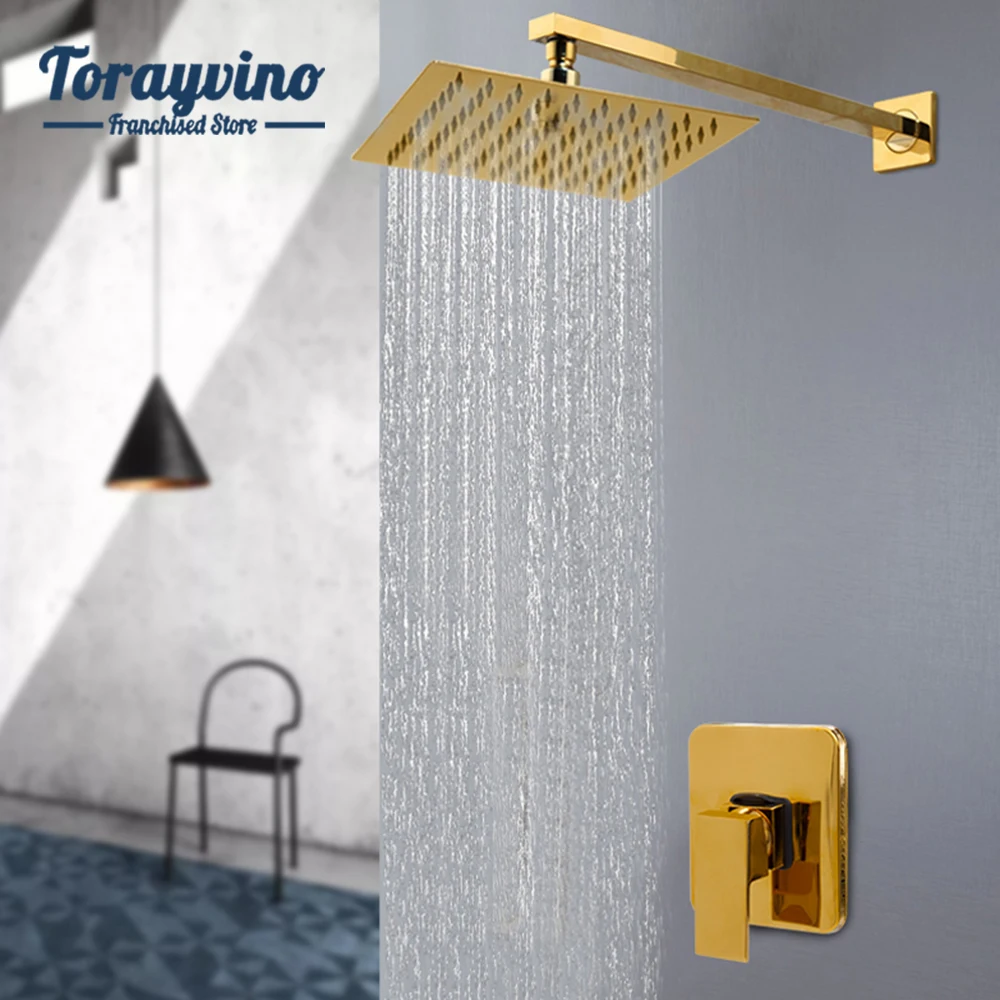 

Torayvino Gold Finished Brass Rainfall Shower Faucet Set Square Head Mixer Wall Mounted Double hole Single Outlet Faucets