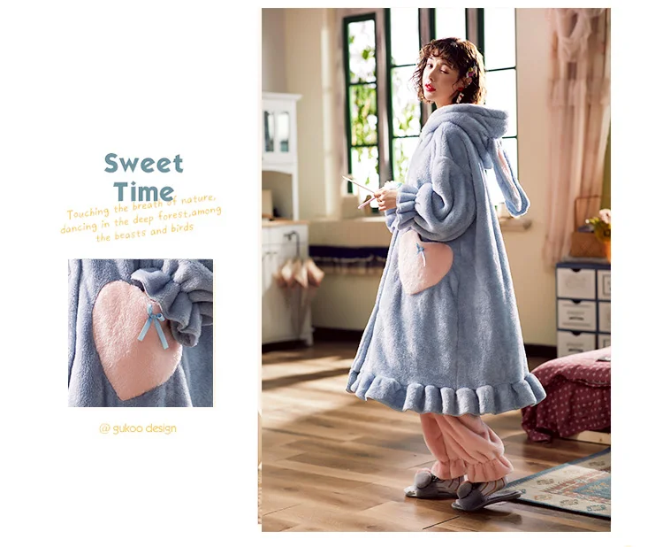 Women's Pajamas Suit Thicken Coral Fleece Pajama Robes Woman Winter Home Clothes Kawaii Bunny Hooded Sleepwear Pocket Loungewear