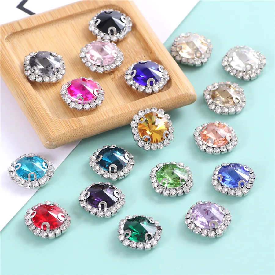 New 10pcs Colorful Round Glass Sew on Rhinestones With Silver Lace Claw Flatback Crystal Sewing Decorations for Clothes