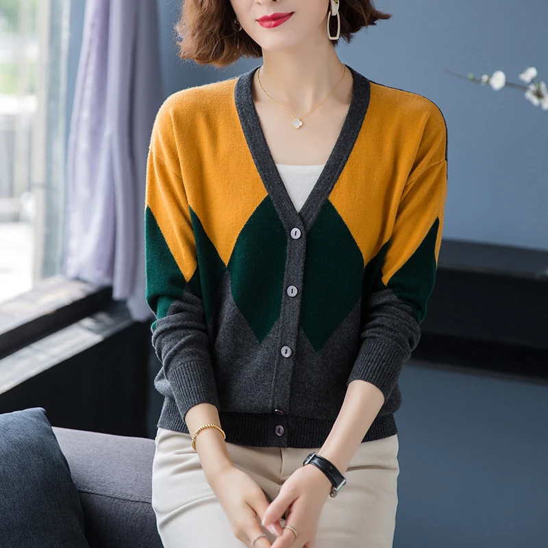 

Women Cashmere Cardigan Spring 100% Pure Wool Knitwear Ladies Patchwork Colors Wool Knit Cardigan