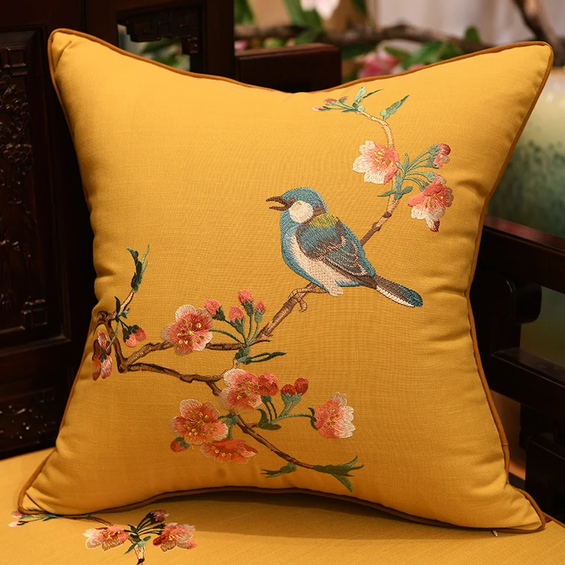 35x50/45/40x60/50/60cm Chinese flower bird embroidered cushion cover backrest cotton linen pillow cover sofa lumbar pillowcase