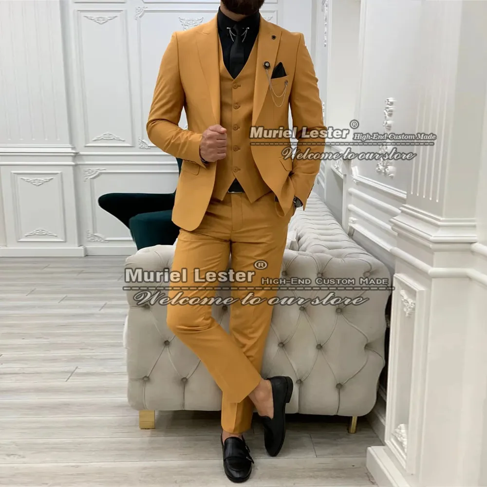 

Arabic African Orange Men Suits Vintage Skinny Wedding Tuxedo Single Breasted Jacket+Vest+Pants Male Clothing Trajes Para Hombre