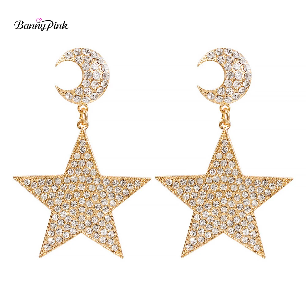 Banny-pendientes con diamantes de imitación para mujer, aretes brillantes, color rosa, con forma de luna y estrella