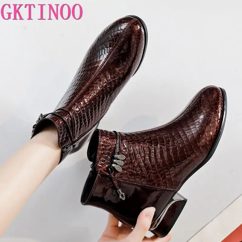 GKTINOO Fashion Women Boots Pointed Toe Genuine Leather Ankle Boots 2024 Winter Warm Fur Plush Women Shoes Big Size 43