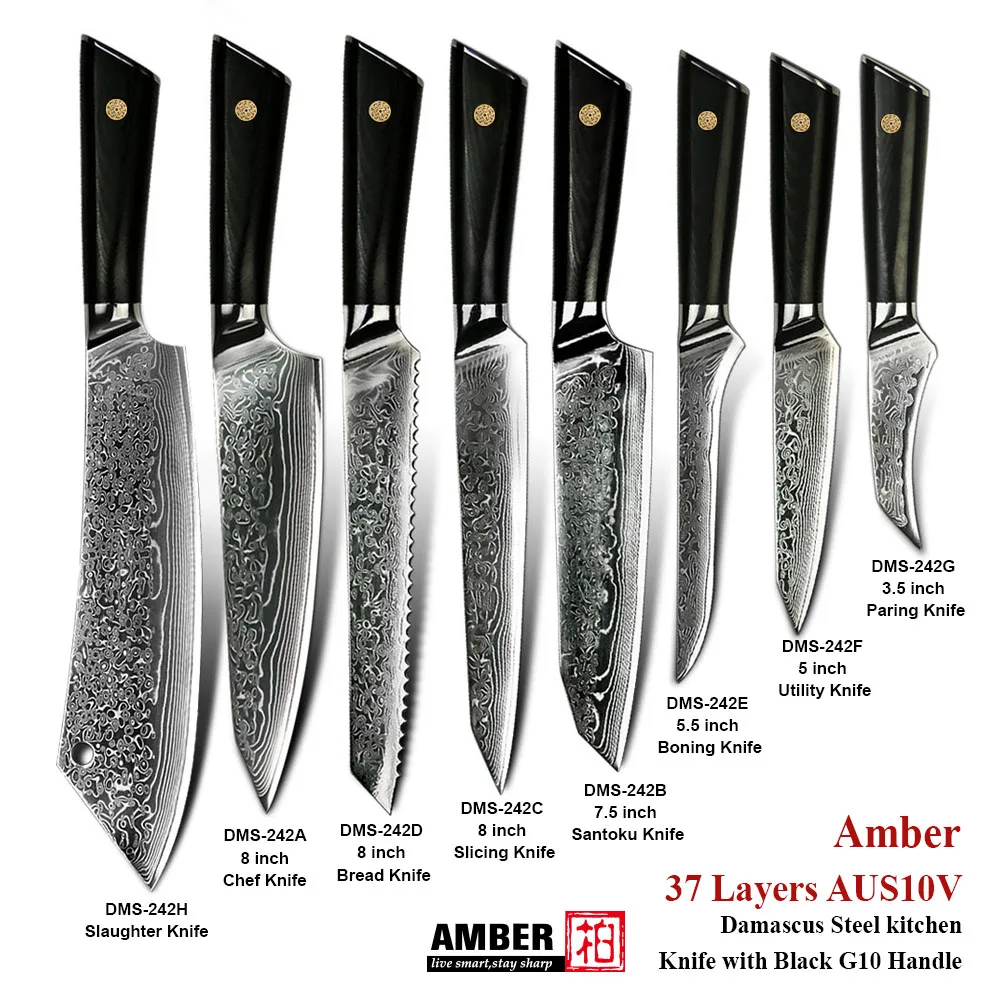 

Amber 2021 New Style Kitchen Knives 37 Layers AUS10V Damascus Steel Knife Premium G10 Handle inset Brass Rivet Cooking Tools