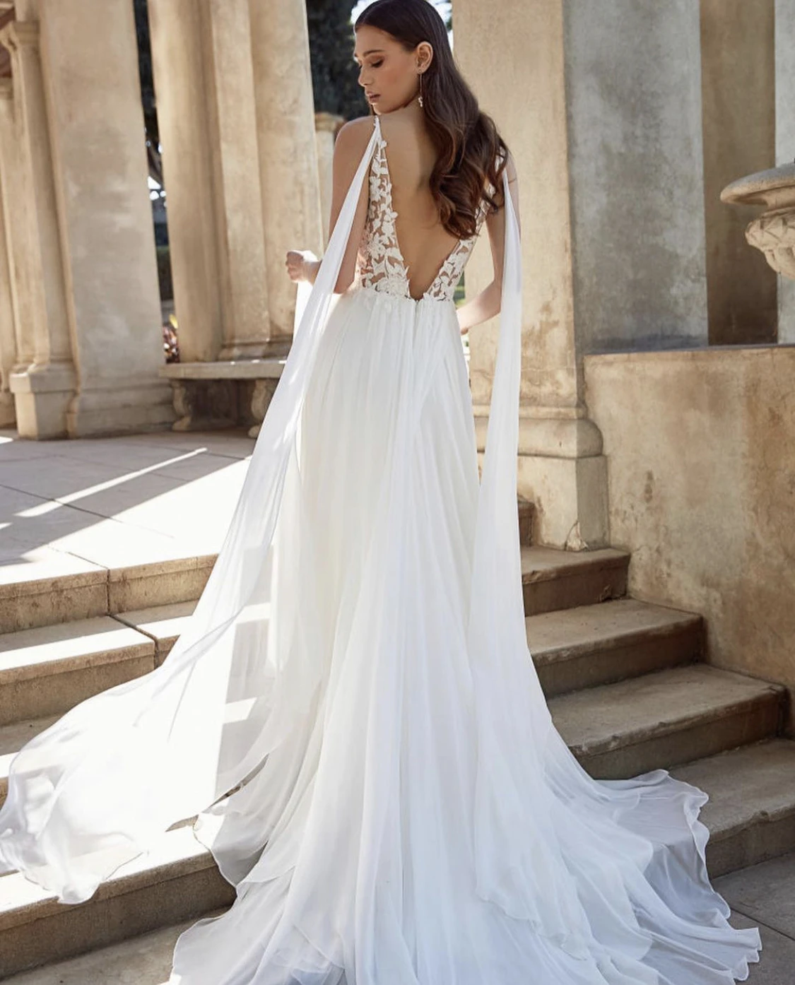 Vestido de novia elegante con cuello en V, vestido de novia con cuello en V, apliques de encaje, cuentas de lentejuelas, Espalda descubierta, tul, largo hasta el suelo, tren de barrido, nuevo