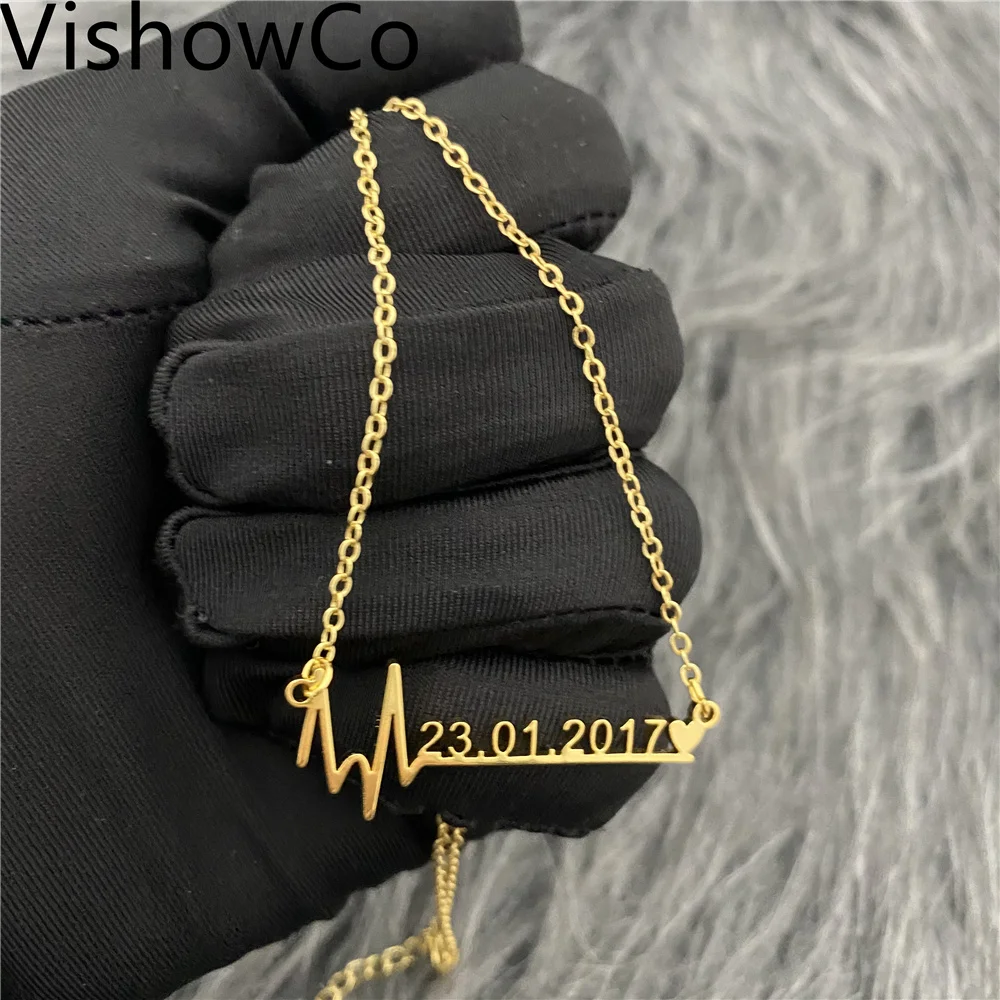 

VishowCo Custom Birthday Date Necklace Personalized Stainless Steel Custom Wedding Anniversary Necklace Gold Choker Mother Gift