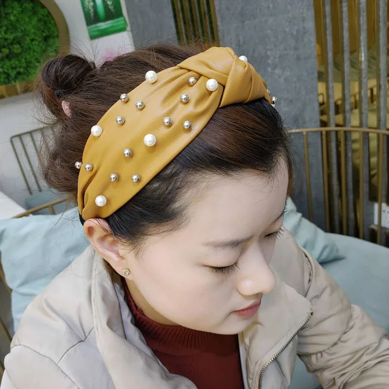 Leather Pu Pearl Knot Headband Cross Knot Hairband Turban Adult Hair Accessories