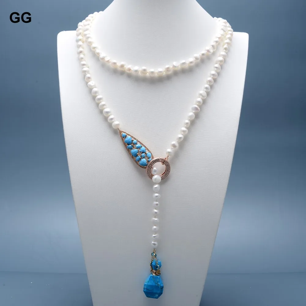 

GuaiGuai Jewelry Natural White Freshwater Keshi Pearl CZ Turquoise Blue Connector Chain Necklace Real Blue Turquoises Pendant