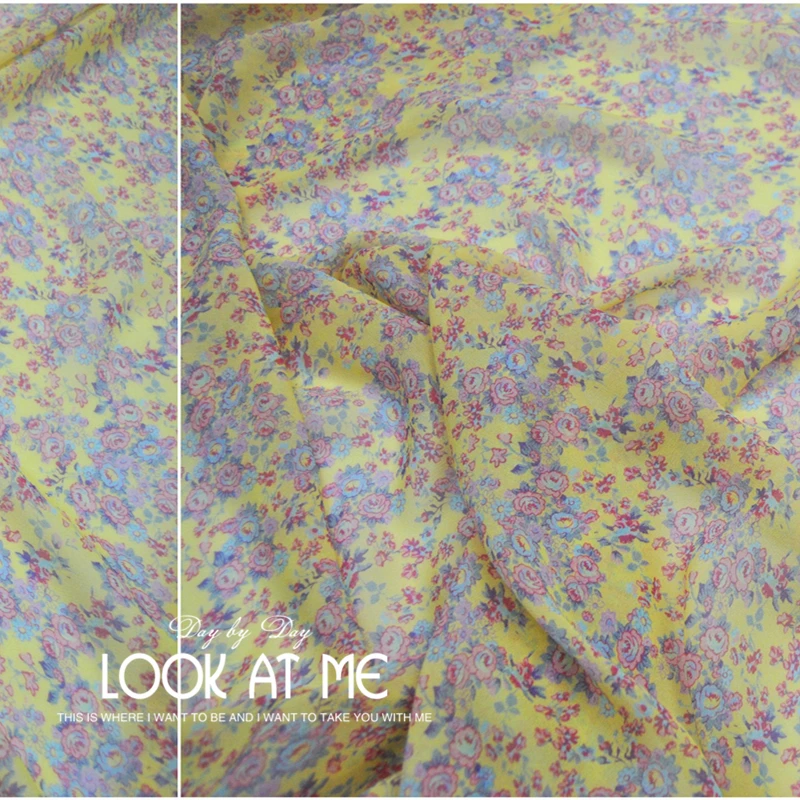 

Silk Georgette Chiffon Fabric Leo & Lin Lemon Yellow Light Purple Flower Large Wide Clothing