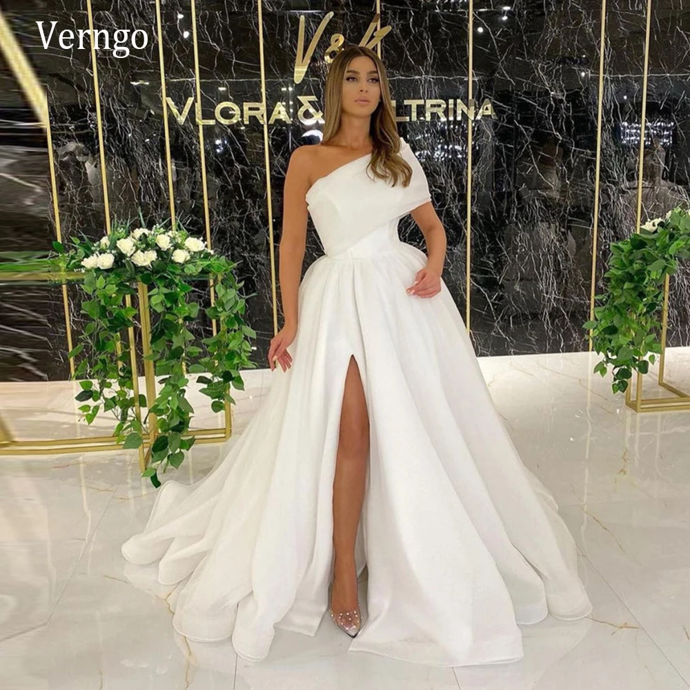 

Verngo 2021 Unique One Sleeves Organza Wedding Dress A Line Blush Pink Bridal Dresses Plus Size Slit Simple Long Formal Gowns