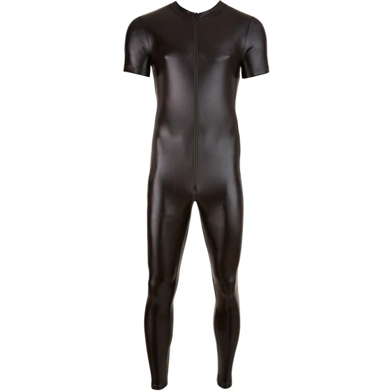 Sexy masculino couro do plutônio catsuit para homens pele apertada bodysuit completo macacão frente zíper aberto virilha látex zentai terno traje 3xl