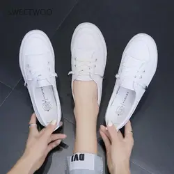 Zapatillas de deporte de plataforma baja para mujer, zapatos femeninos de cuero pu para caminar, mocasines blancos planos sin cordones, informales, 2021