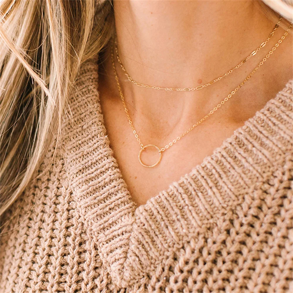 Fashion Multilevel Gold-plate Simple Geometric Rectangle Round Sequin Pendant Necklace For Women Female Chain Collar Jewely Gift