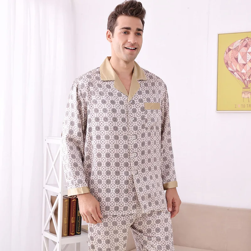 Kupokasi Summer Men Pajamas Plus Size Silk Pajamas Two-piece Suit Luxury Mulberry Silk Pajamas Plaid Home Service Sleep Wear