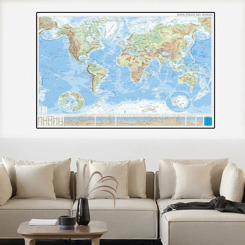 Póster pequeño de mapa orográfico del mundo en español, pintura en lienzo, arte de pared, imagen para sala de estar, decoración del hogar, 59x42cm