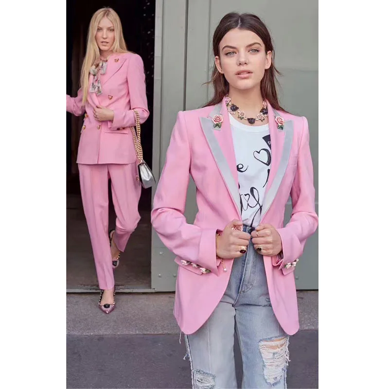 Flower Printing 2021 Fashion Woman Casual Suit Jacket New Star Style Rose Lining Pink One-Button Slim Suit Top