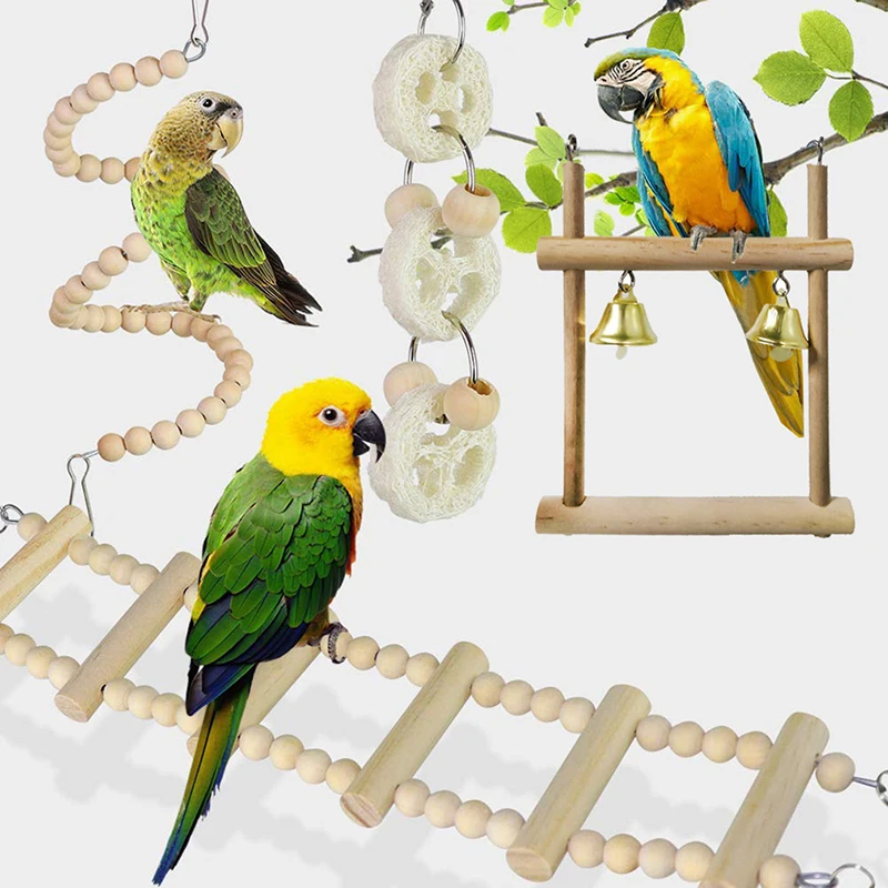 8 Packs Bird Parrot Swing Hanging Toy,Natural Wood Bell Bird Cage Toys For Parrots Parakeets Cockatiels Finches Budgie Parrots