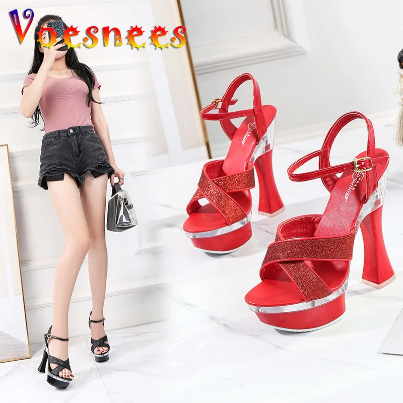 Women Buckle Strap Sandals Platform Sexy High Heel 14.5CM Wedding Shoes Cross Hollow Out Vamp Model Stage Show Shoes 2021 Summer