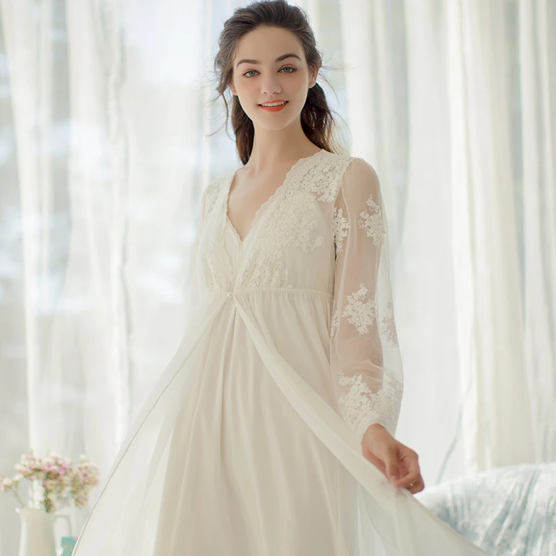 Lace Robe Long Robe Lady White Lace Embroidery Robe and Slip Two Pieces For Women Robe Sleepwear Bride