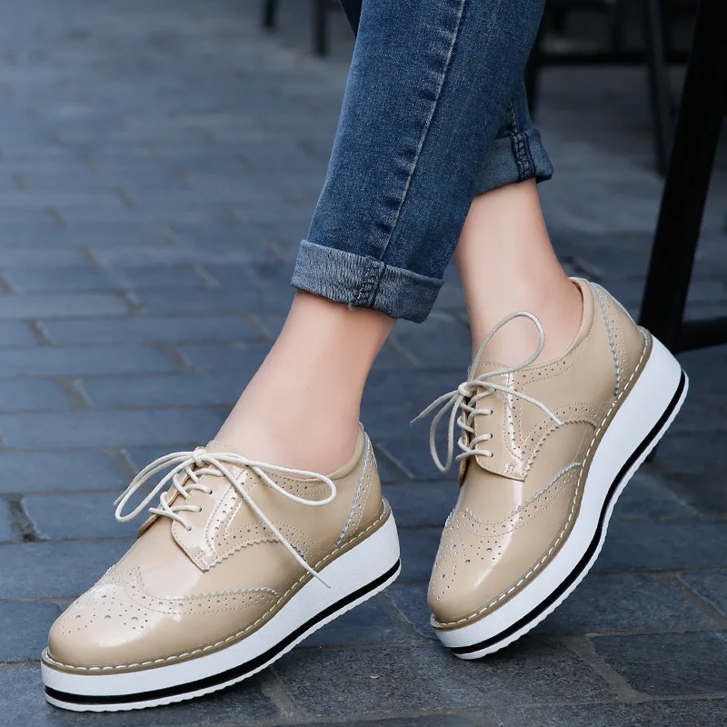 Spring Women Platform Shoes Woman Brogue Patent Leather Flats Lace Up Footwear Female Flat Oxford Shoes For Women erf56