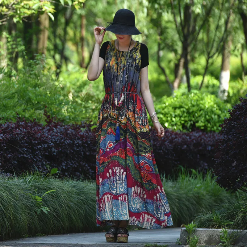 

TIYIHAILEY Free Shipping 2021 New A-line Long Maxi Women Sleeveless Loose O-Neck Summer Print Chinese Style Dress With Belt