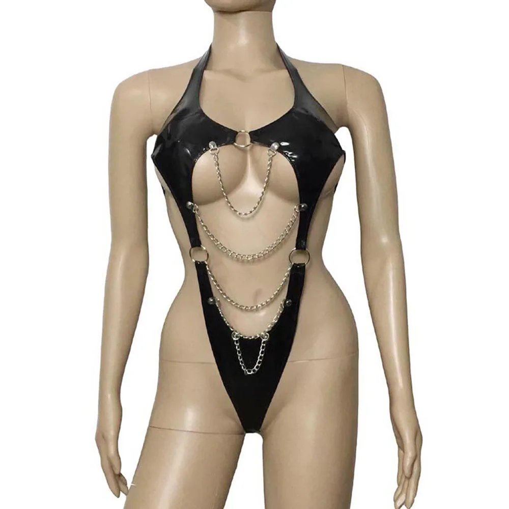 

Sexy Women's Patent Leather Wet Look Leotard Bodysuit Front Drape Chain Hollow Out Bikini Back Teddy Fetish Lingerie Costume