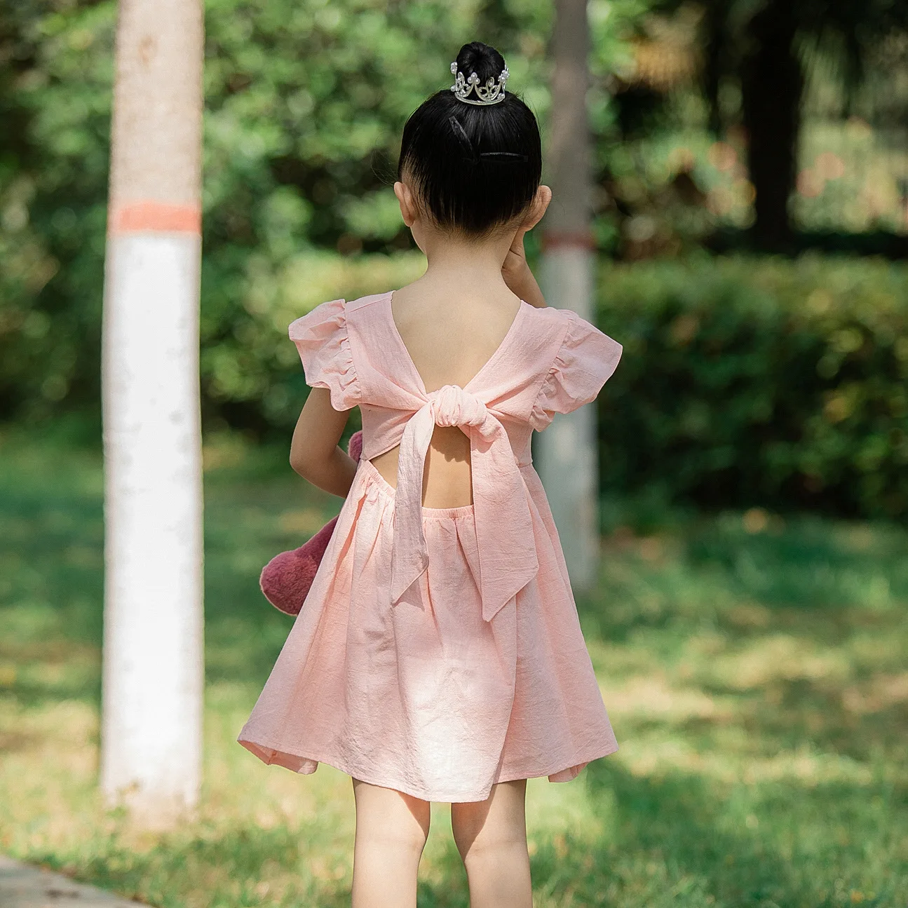 New Baby Girls Dress Bow Cotton Fly Sleeve Ruffles Lace Summer Pure Color Children's Princess Skirt Kids Clothes