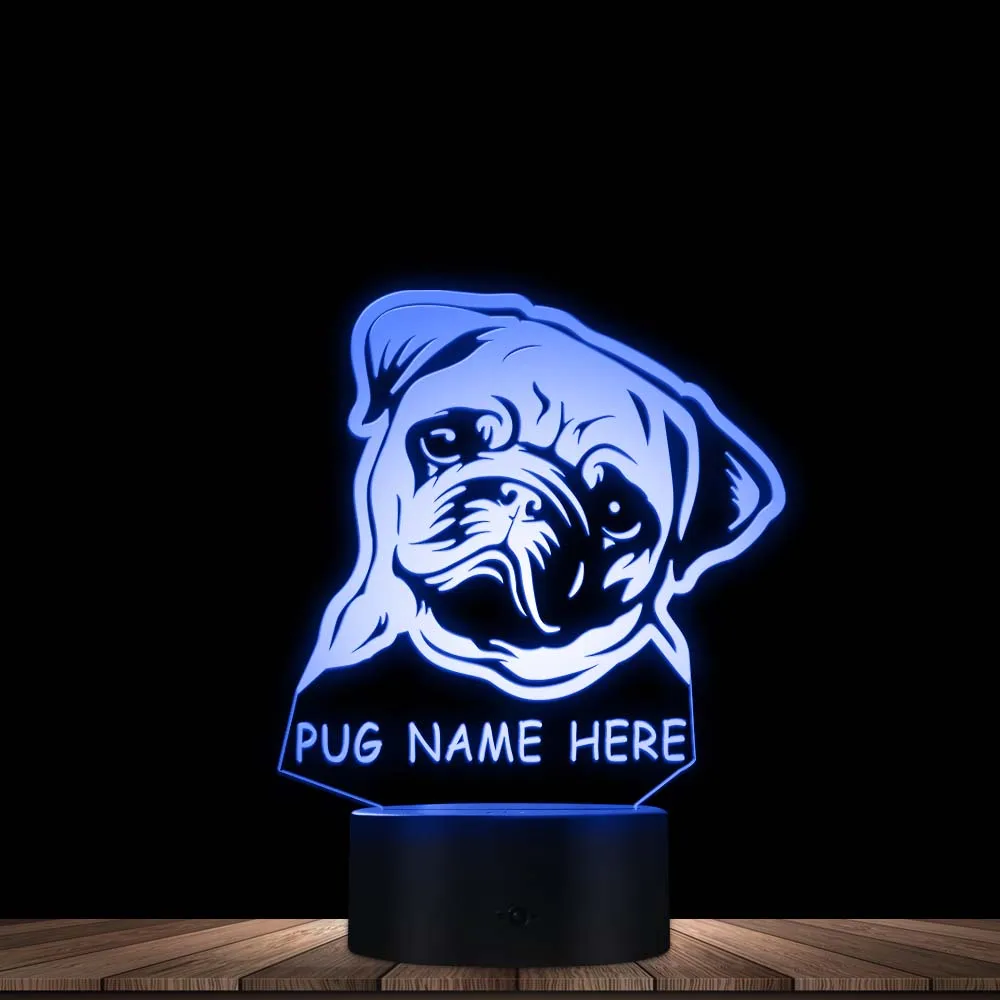 Custom Name Pug Portrait LED Night Light Pug Dog 3D LED Illusion Kid Room Desk Lamp With Color Changes Dog Lovers Memorial Gift