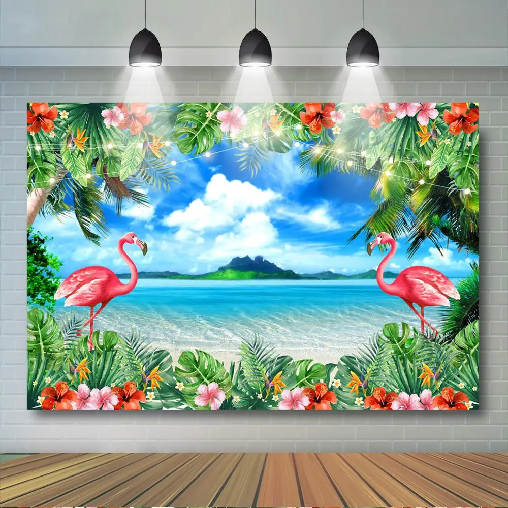 

Summer Flamingo Backdrop Tropical Flowers Leaves Background Aloha Hawaiian Luau Beach Event Birthday Party Decor