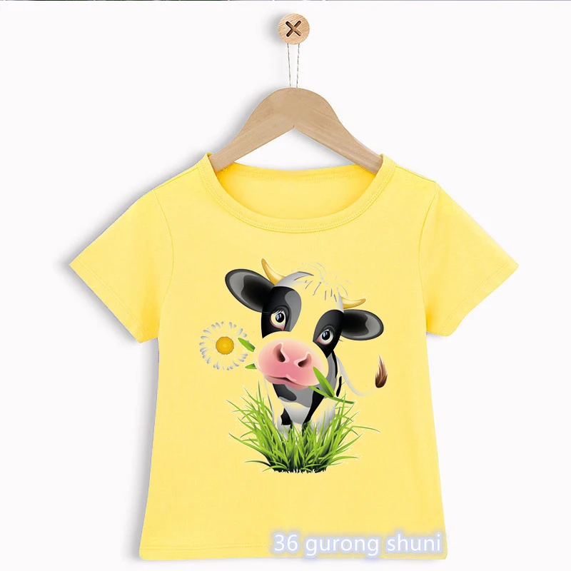 

T-shirt for boys cute cow grazing graphic print kids tshirt summer tee boys clothes toddler baby tshirt yellow shirt wholesale