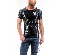 Cool men's short sleeve latex tights tops black latex t-shirt  tee by 0.4mm natural latex free shipping