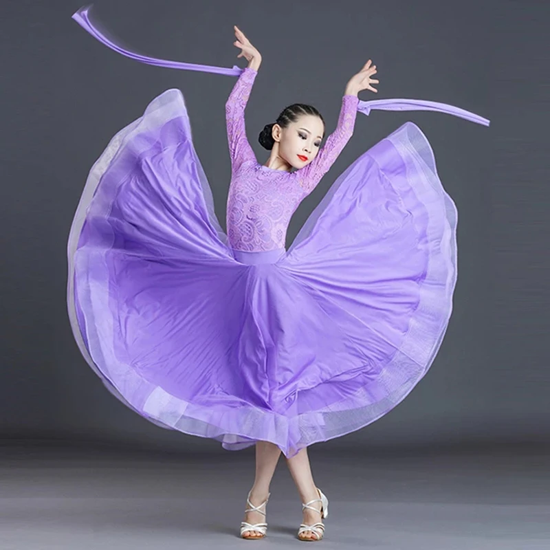 New Arrival Ballroom Dresses Girls Spring Waltz Dancing Competition Costume Lace Long Sleeve Stitching Performance Wear VDB5660