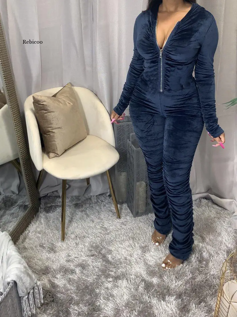 Fall New Streetwear Velvet Ruched Bodycon Hoodies Jumpsuit Women Active Stacked Zipper Hooded Romper One Piece Overall