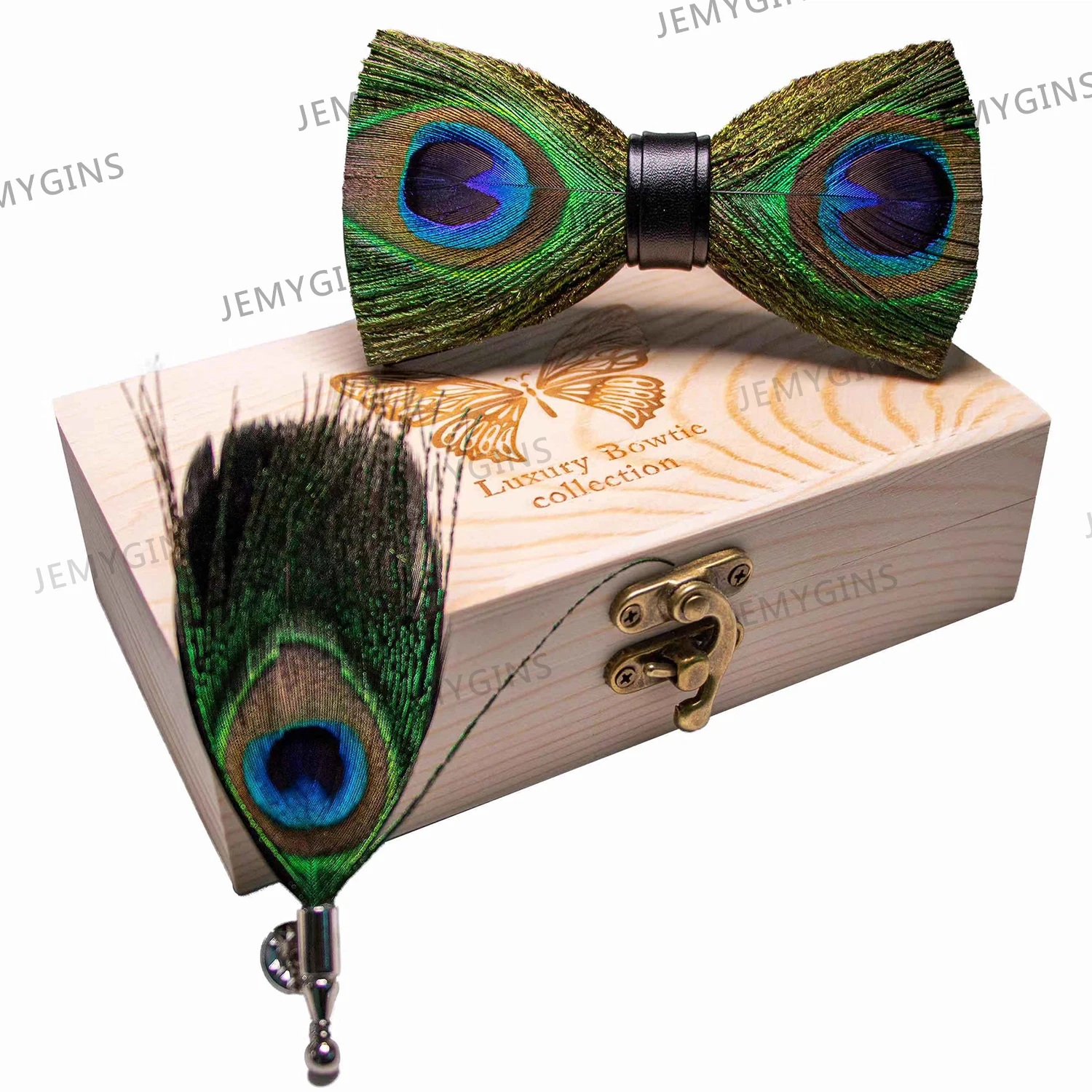 JEMYGINS original bow tie peacock feather handmade leather bow tie brooch pine gift set wedding party men's suit Bowtie Necktie