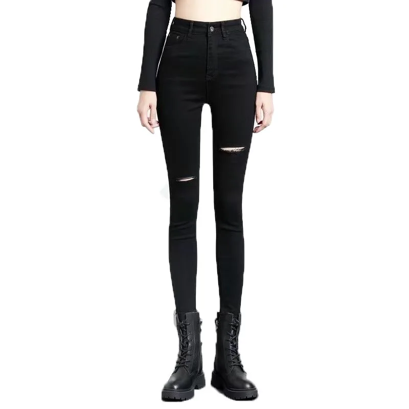 

2021Women New Black Ripped Jeans Female Spring Autumn Tight-Fitting High-Waisted Ankle JeanS Are Thin Versatile Stretch Pant B83