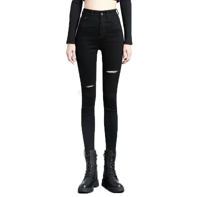 Jean déchiré noir taille haute pour femme, pantalon extensible polyvalent, fin, printemps-automne, 2021, B83