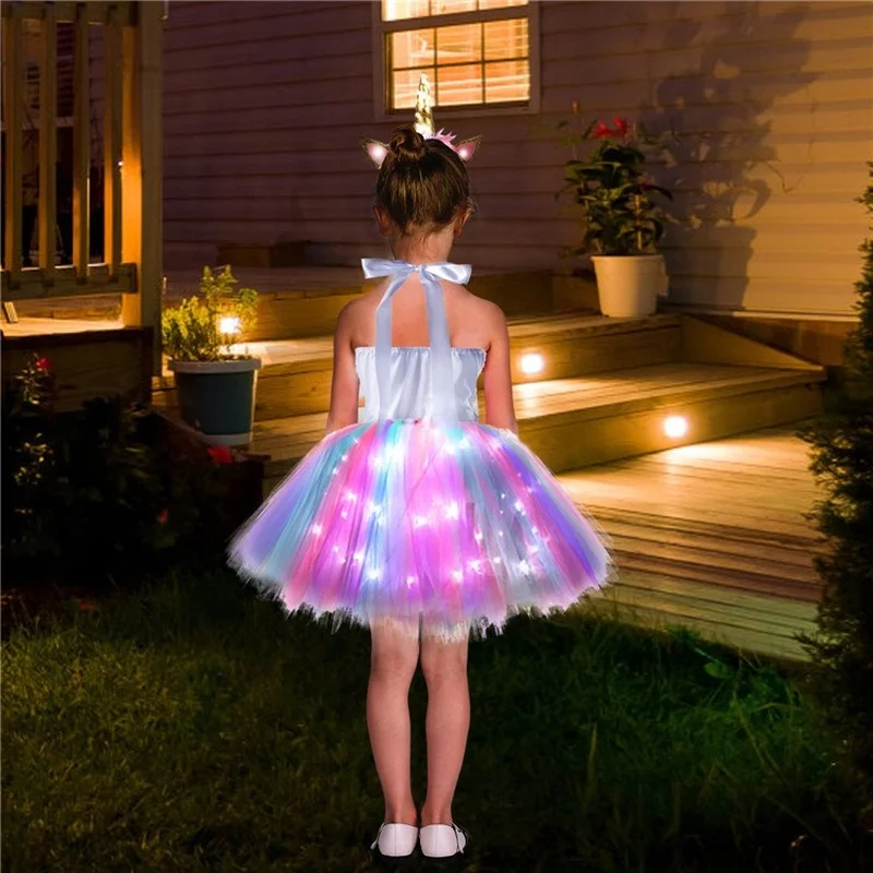 Children Unicorn Girls Dress With LED Light Shiny Flower Birthday Party Gift Halloween Cosplay Costume Kids Christmas Clothing