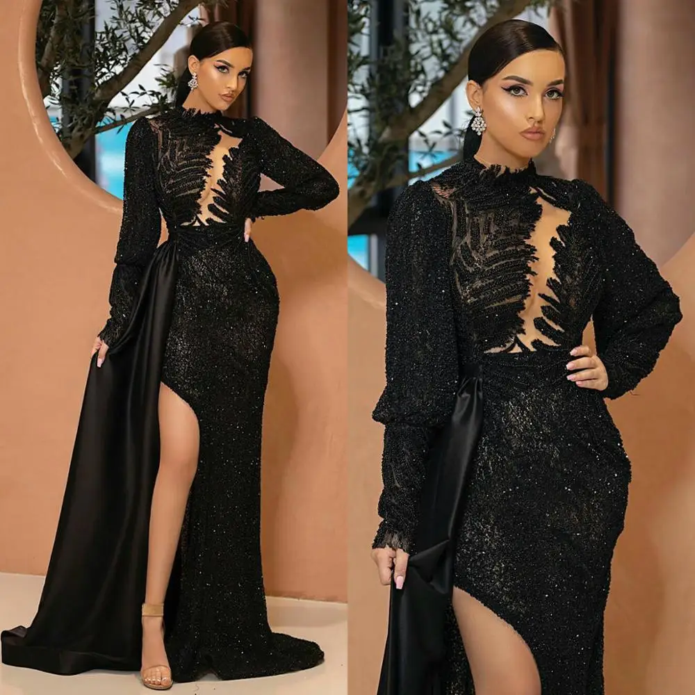 

Sparkly Black Prom Dresses Illusion High Collar Long Sleeve Mermaid Evening Dress Sequins Beaded Party Gowns robes de soirée