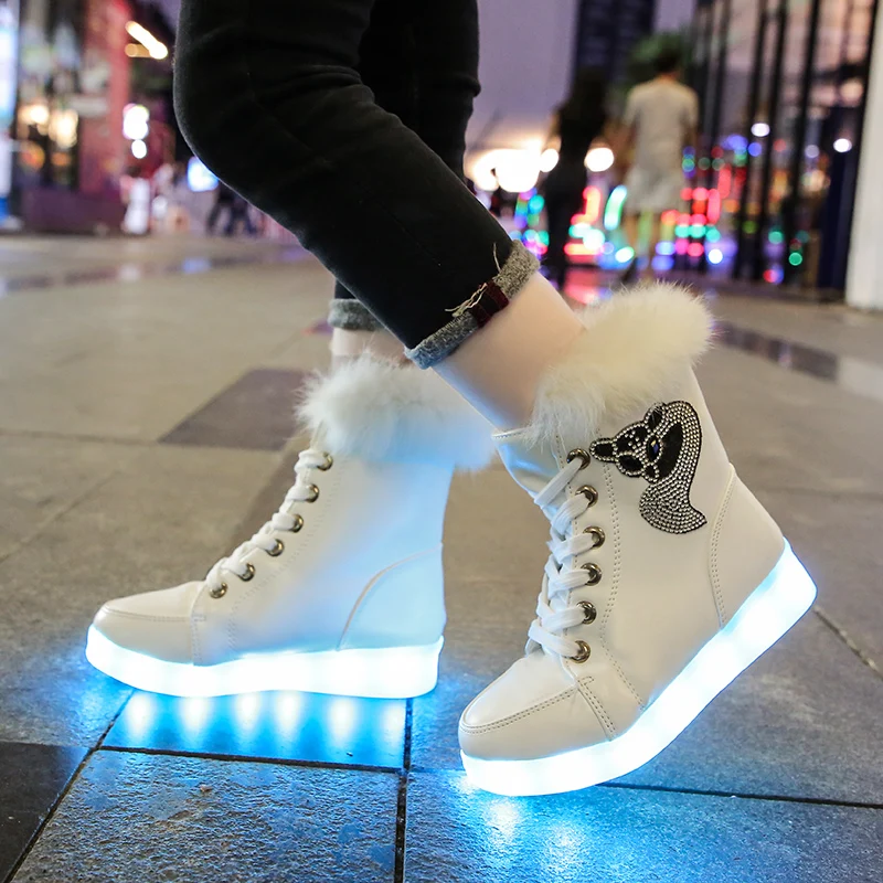 7ipupas Glowing Boots for Boys Girls and Women USB Recharged Light Up Shoes Warm Plush High-top Children Winter Boots